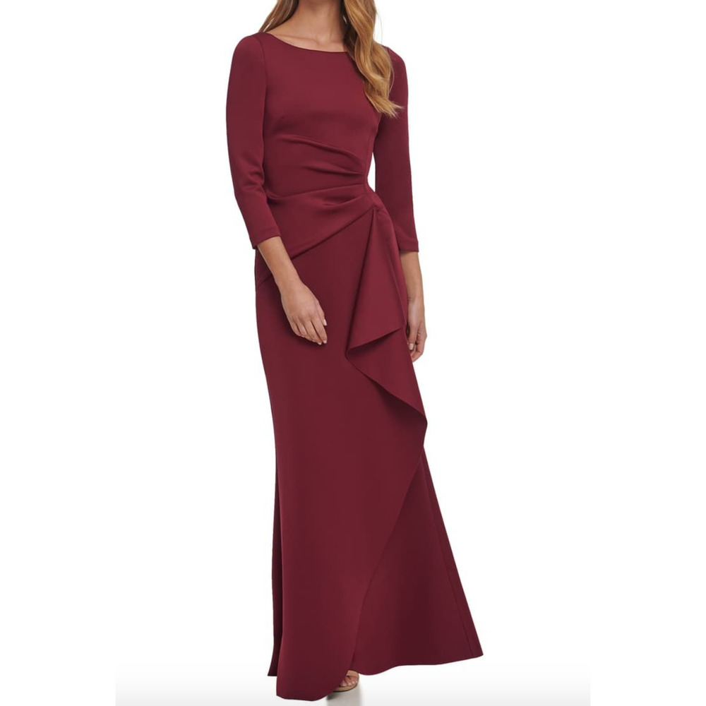 Eliza J Wine Burgundy Techno Pleated Long Sleeve Scuba Trumpet Occasion Gown